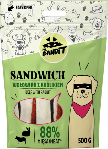 Mr. Bandit SANDWICH beef and rabbit - деликатесно лакомство с телешко и патешко за кучета 500g